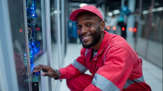 Portrait of a smiling male technician in red uniform crouching in a server room, performing maintenance on network equipment, confident and focused. Generative AI