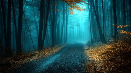 Naklejka premium Misty Forest Path with Autumn Woods, and Nature Trail.