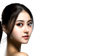 Asian woman's headshot, shoulder exposure, looking over, cut out transparent