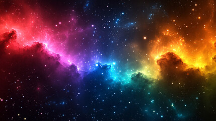 A breathtaking cosmic vista of swirling nebulae painted in vibrant rainbow hues with a scattering of distant stars and