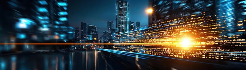 Night cityscape with tall buildings and bright lights reflecting in water.