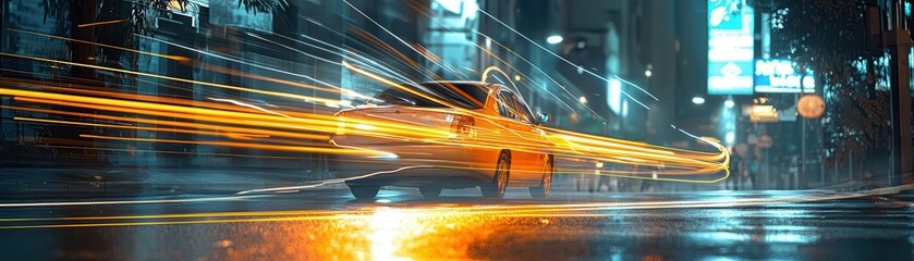 Fast car driving through a city at night with blur effect