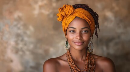 A young woman exudes confidence and beauty with her bright orange headscarf, showcasing her culture and charm in a natural and warm environment.