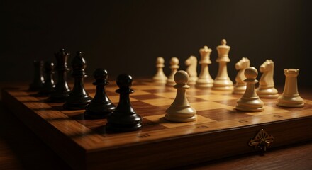 Strategic Gameplay: A Symbolic Chessboard - Chess pieces arranged on a board, symbolizing strategy, competition, planning, risk, and victory. A game of intellect and calculated moves