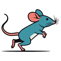 Cartoon mouse illustration teal body pink earstail black outlines in motion