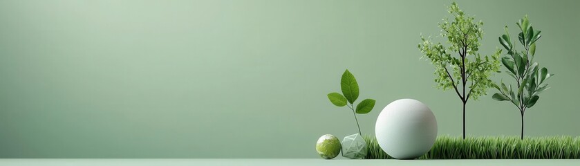 Minimalist green background with a white orb and small plants.