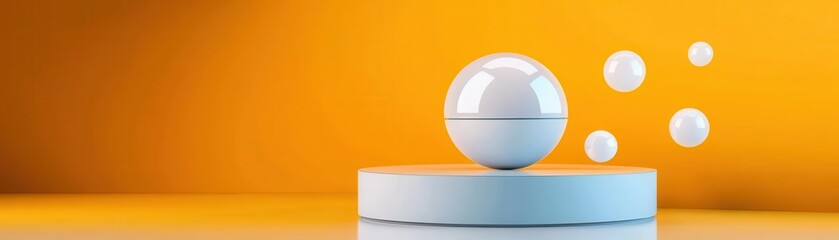 White sphere on a white platform with a yellow background and white orbs flying around