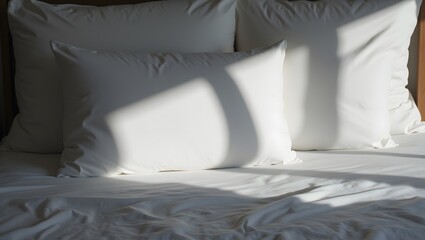 Serene morning light illuminates crisp white pillows, gently resting on a rumpled bedsheet. A peaceful and calming bedroom scene evokes feelings of rest and tranquility.