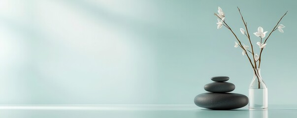 Zen stones and white flowers in a vase, light background.