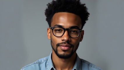 Obraz premium Confident young man with glasses, serious expression, dark curly hair, light-blue denim shirt. A portrait showcasing calm strength and composure.