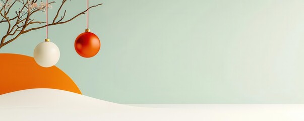 Two Christmas ornaments hanging from a branch against a green and orange background.
