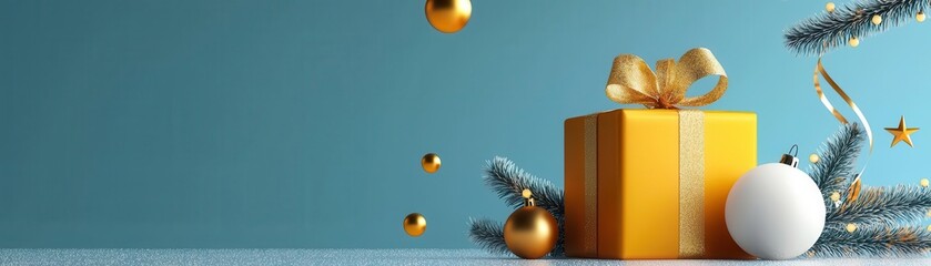 Gift box with golden ribbon, white bauble, and Christmas tree branches on a blue background.