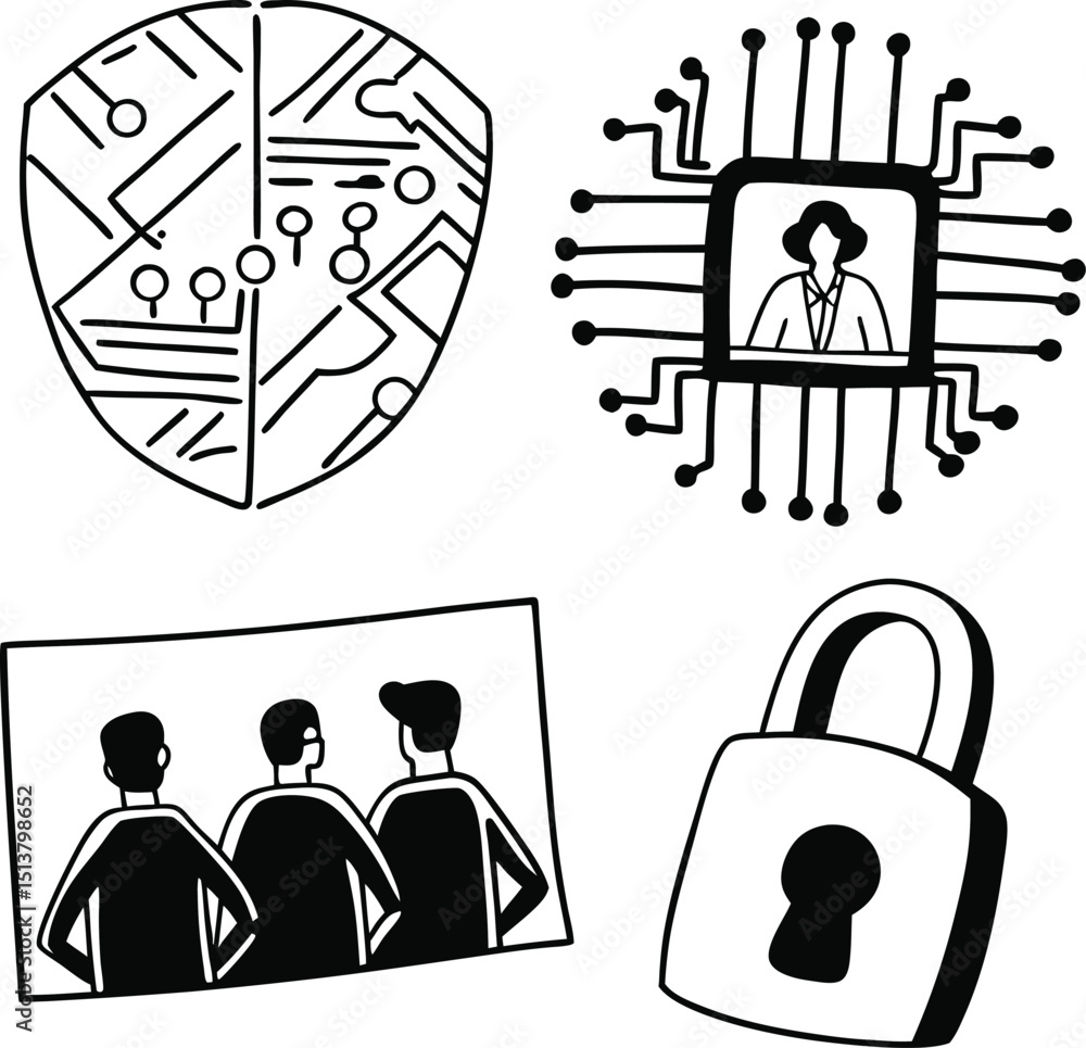 Aufkleber cyber security and data protection conceptual illustration featuring shield circuit board microchip 