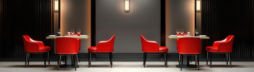 Four red chairs with armrests around two tables with white tablecloths, in a modern dining room