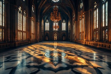 Gothic grandeur: sunlight streams through majestic hall of bygone eras