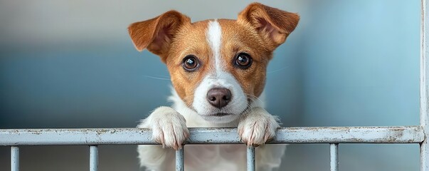 A small brown and white dog with big brown eyes looking through a cage.