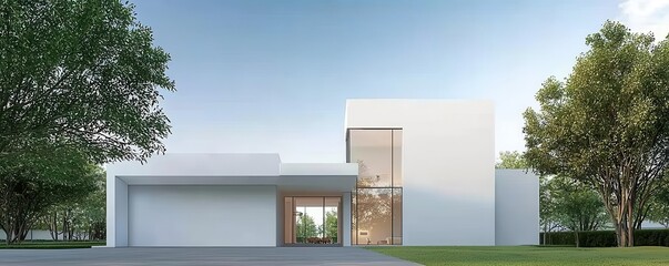 Modern white house with large windows and green lawn