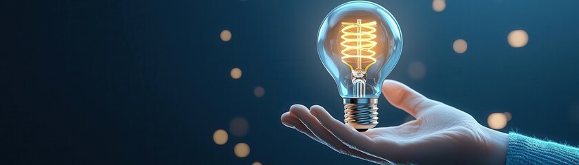 Hand holding a glowing light bulb, symbolizing innovation and new ideas.