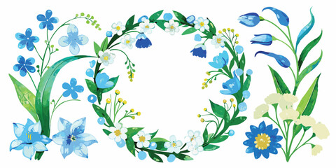 Fototapeta premium Watercolor Set of Blue Forget-Me-Nots and White Lilies of the Valley Frames, Wreaths & Borders