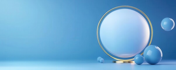 Abstract blue background with sphere and golden frame.