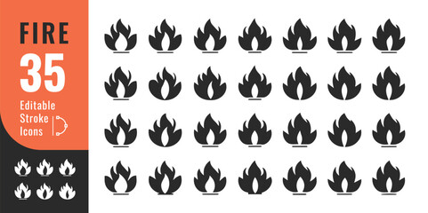 Fire Flame Icons Set – Solid Burn Symbol for Alert, Heat, Safety, UI Design
