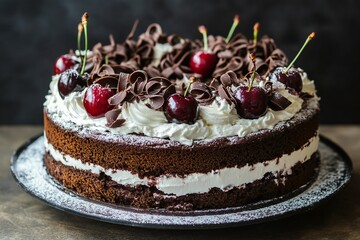 A black forest cake with multiple layers of soft chocolate sponge, whipped cream and cherries,  created by ai