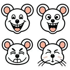 Four mouse face illustrations with different expressions happy surprised angry and sleepy