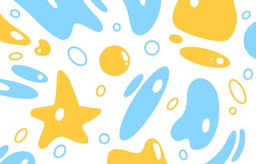 Seamless abstract  illustration of random  doodles shapes with blue and yellow color and white background 