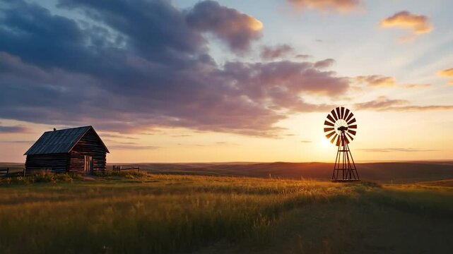 Open field with rustic barn and windmill at sunset scenic countryside landscape