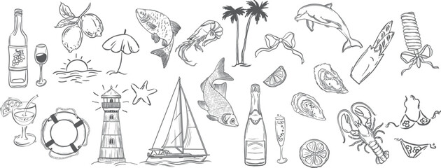 La Dolce Vita, Hand Drawn Icons, Sea Food, Cocktails, Coastal, Italian sicily style, Sketch style lunch or dinner Illustrations for wedding invitations, cafe or restaurant menus and parties, vector