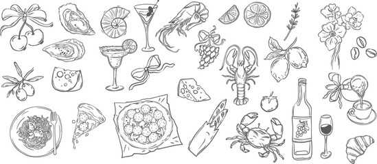 La Dolce Vita, Hand Drawn Icons, Sea Food, Cocktails, Coastal, Italian sicily style, Sketch style lunch or dinner Illustrations for wedding invitations, cafe or restaurant menus and parties, vector
