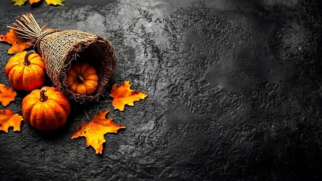 Cozy autumnal arrangement of pumpkins and fall leaves against a textured black surface.
