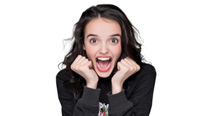 Excited young woman shouting with joy, looking at camera, cut out transparent