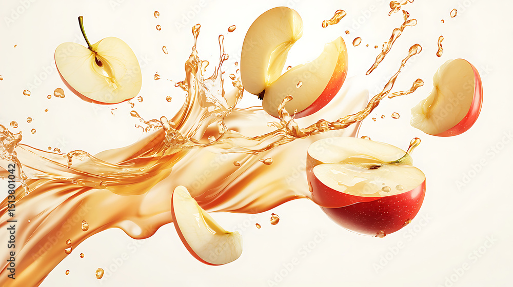 Poster a splash of apple juice with a few pieces of apple floating in it
