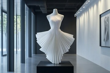 A futuristic white origami-inspired couture gown with precise geometric folds,  created by ai