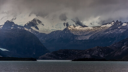 sailing through the mountainous region of the national park Alberto de Agostini, Tierra del Fuego, Chile