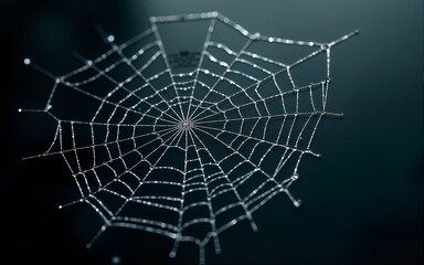 Obraz premium Close Up of a Dew-Covered Spiderweb on a Dark Surface. High quality