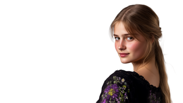 Young woman looking over shoulder, floral dress, portrait, cut out transparent