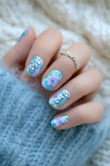 Beautifully adorned pastel nails glittering in soft light, showcasing delicate floral patterns and shimmering accents on a cozy sweater