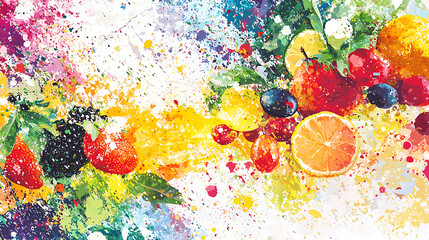 A colorful painting of fruits and vegetables, including apples, oranges