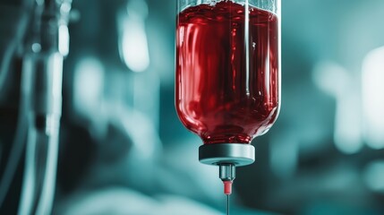 A close-up view of a blood-filled IV bag capturing the essence of medical care and life-saving procedures, highlighting both vulnerability and the importance of healthcare.