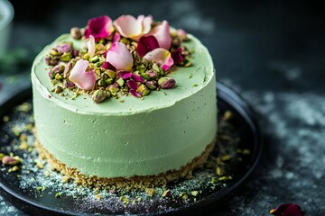 Naklejka premium A soft pistachio sponge infused with rosewater essence, crowned with a scatter of crushed pistachios and freshly plucked rose petal, created by ai