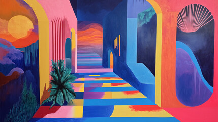 Abstract colorful architectural design featuring an ancient European church entrance with stone arches and columns