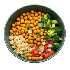 Colorful bowl of chickpeas, quinoa, and fresh vegetables on a white background