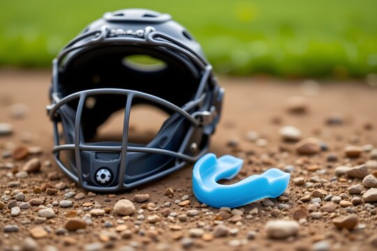 Baseball Helmet and Mouthguard: Close-up of a black baseball helmet with a protective cage, and a light blue mouthguard resting on the ground, ready for the game.