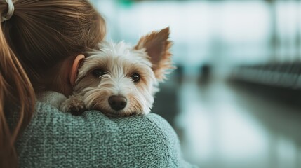 A girl lovingly hugs her small dog at an airport, showcasing the bond between pets and their owners during travel, evoking feelings of companionship and love.