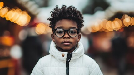 A confident young boy wearing a white winter jacket stands amidst a festive market, capturing the essence of childhood joy and winter cheer in a bustling environment.