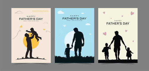 Happy Father's Day with dad and children silhouettes. Set of vector greeting cards with a nice message for Father's Day