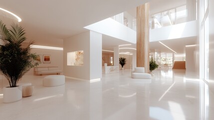 A spacious and elegant modern interior is bathed in natural light, highlighting minimalist decor and lush greenery. This serene environment is designed for comfort and style, perfect for reflection.