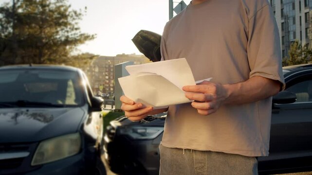 Person responsible for car accident is reviewing his insurance documents in order to understand current situation. Two crashed cars are visible on background at intersection